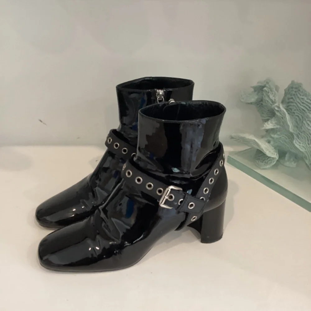 MIU MIU Eyelet Embellished Patent Leather Ankle Boots Black Size 37.5 7